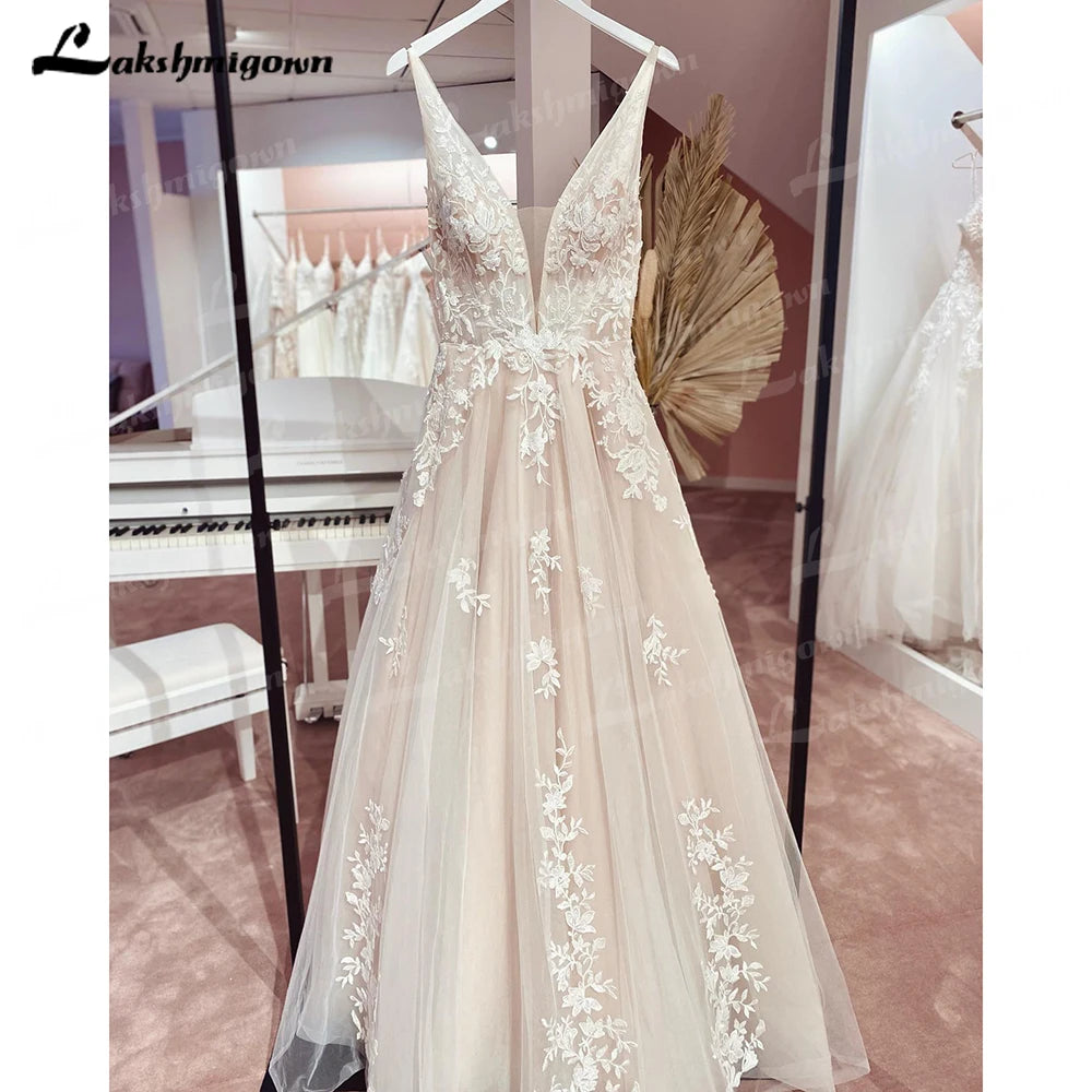 Custom Vintage Lace V Neck Tulle Wedding Dress Backless Bride Gown