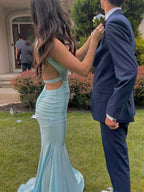 Aqua Blue V Neck Mermaid Satin Long Prom Dress With Side Cutouts