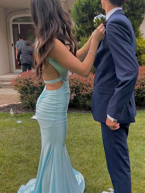 Aqua Blue V Neck Mermaid Satin Long Prom Dress With Side Cutouts