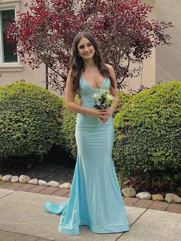 Aqua Blue V Neck Mermaid Satin Long Prom Dress With Side Cutouts