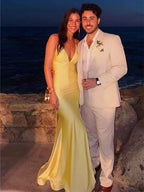 Aqua Blue V Neck Mermaid Satin Long Prom Dress With Side Cutouts