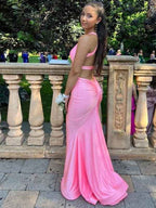 Aqua Blue V Neck Mermaid Satin Long Prom Dress With Side Cutouts