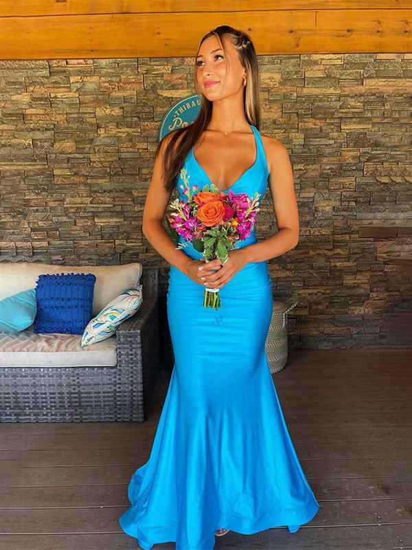 Aqua Blue V Neck Mermaid Satin Long Prom Dress With Side Cutouts