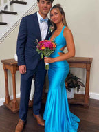 Aqua Blue V Neck Mermaid Satin Long Prom Dress With Side Cutouts