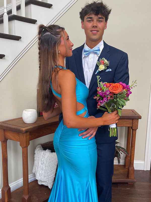 Aqua Blue V Neck Mermaid Satin Long Prom Dress With Side Cutouts