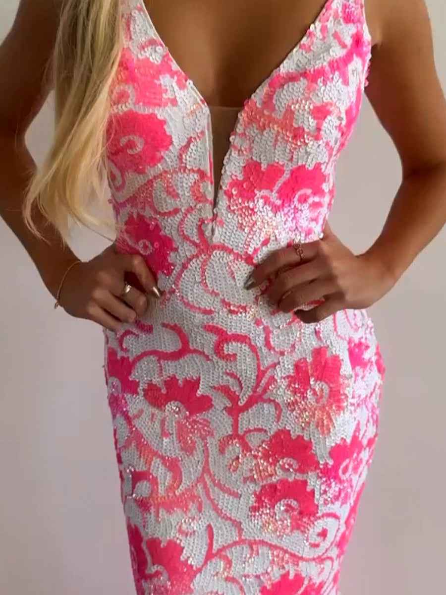 V Neck Sequin Lace Mermaid Prom Dress Pink Two Tone Floral Pattern
