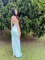 Light Blue Sequin Spaghetti Strap Prom Dress With V Neck