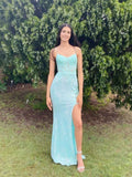Light Blue Sequin Spaghetti Strap Prom Dress With V Neck