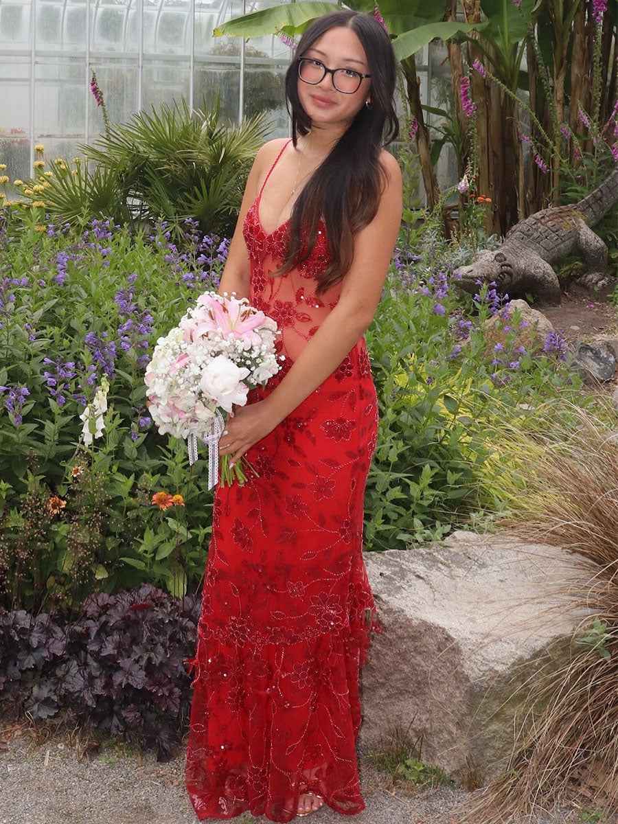 Beaded V Neck Tiered Long Prom Dress With Illusion Bodice