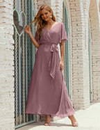Vestido de dama de honra decote em V longo com cinto para 28022