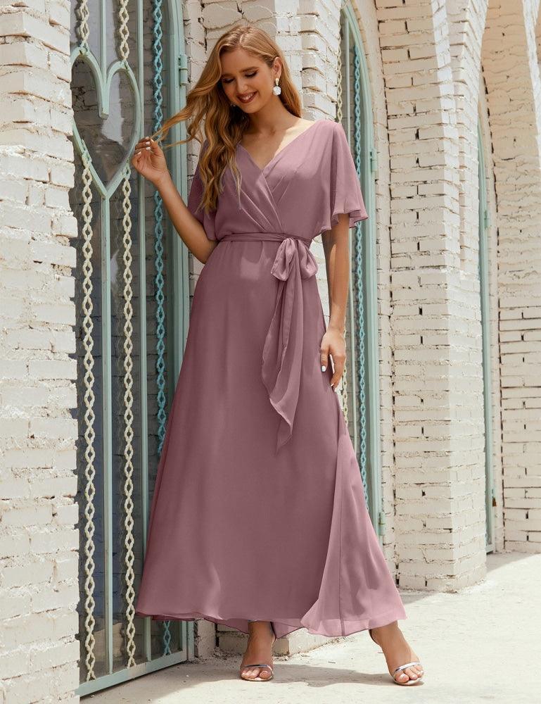 Vestido de dama de honra decote em V longo com cinto para 28022