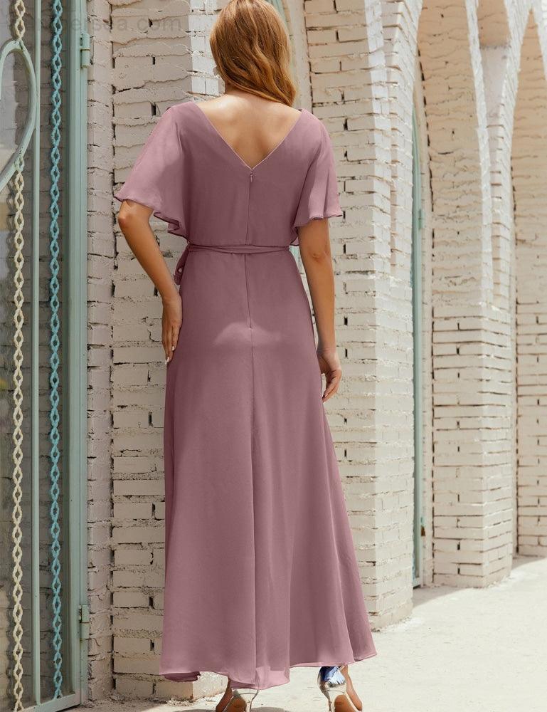Vestido de dama de honra decote em V longo com cinto para 28022