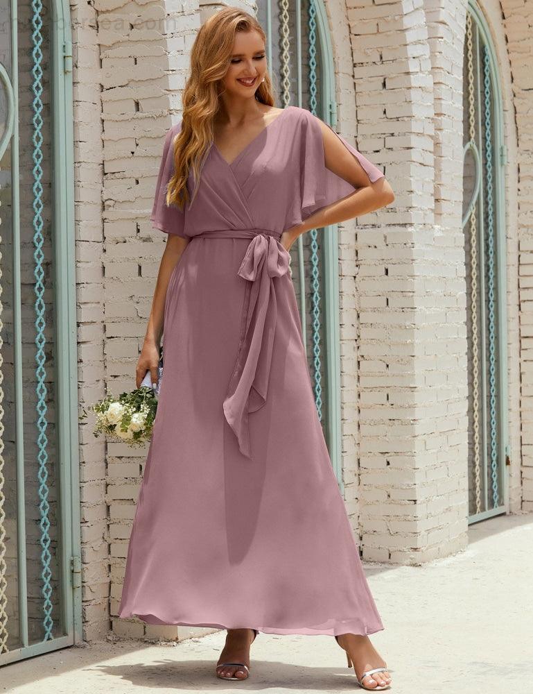 Vestido de dama de honra decote em V longo com cinto para 28022
