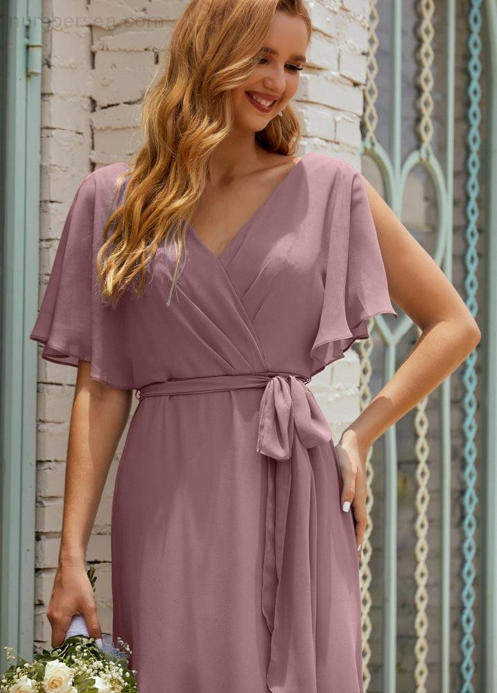Vestido de dama de honra decote em V longo com cinto para 28022