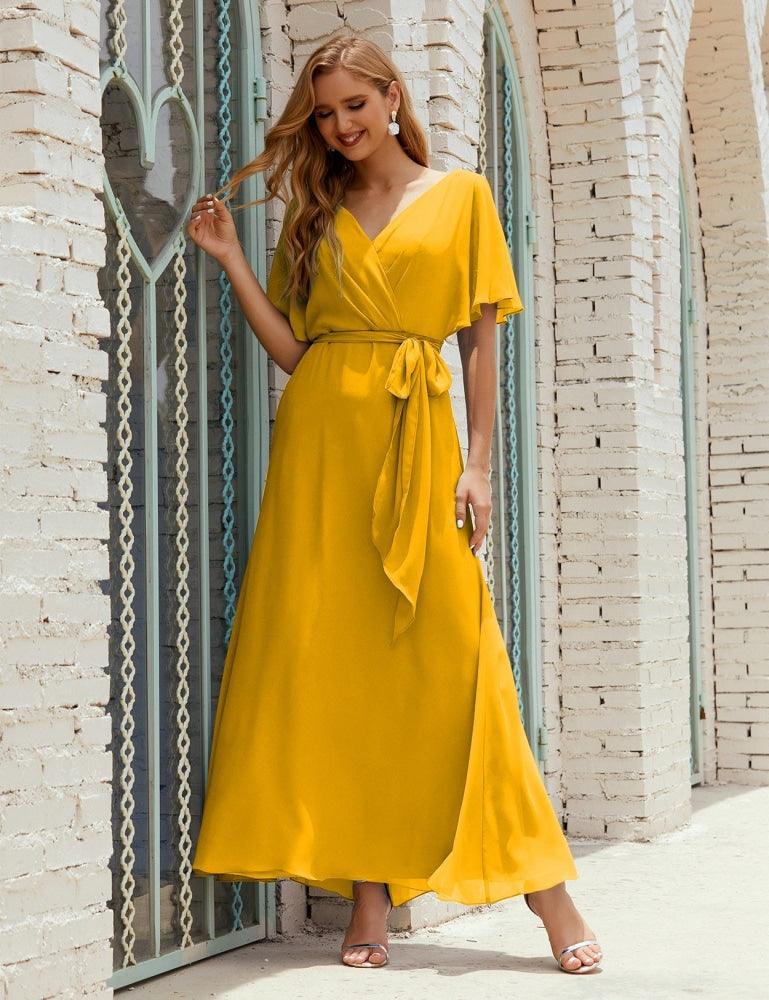 Vestido de dama de honra decote em V longo com cinto para 28022