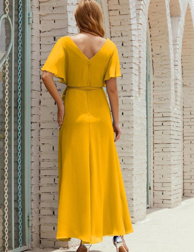 Vestido de dama de honra decote em V longo com cinto para 28022