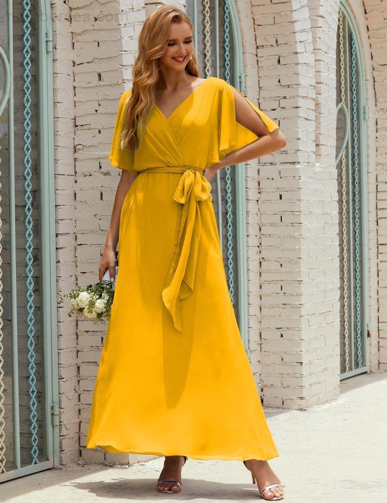 Vestido de dama de honra decote em V longo com cinto para 28022
