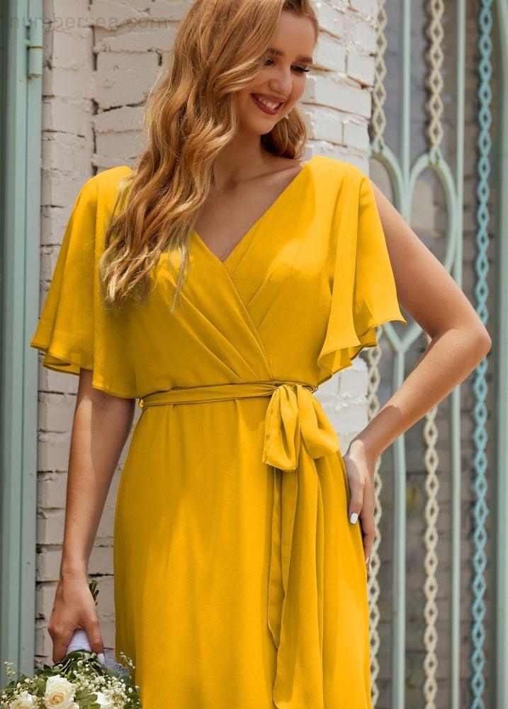 Vestido de dama de honra decote em V longo com cinto para 28022
