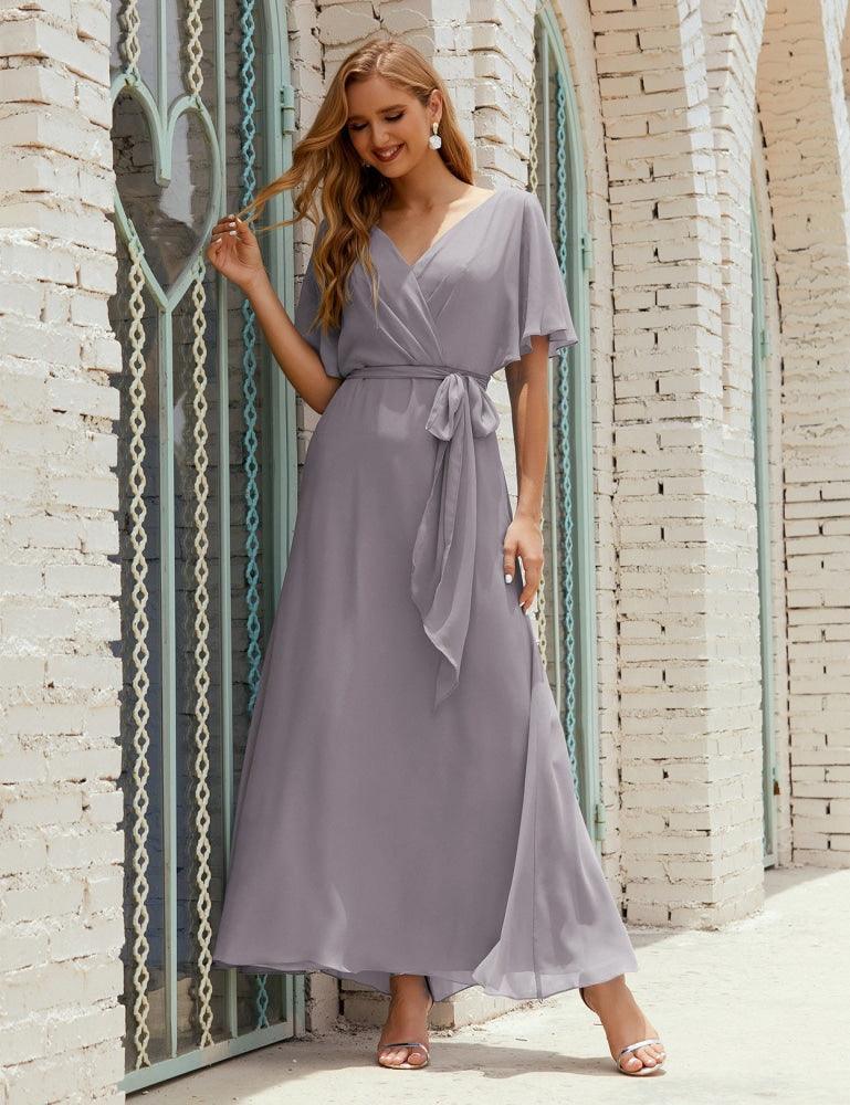 Vestido de dama de honra decote em V longo com cinto para 28022