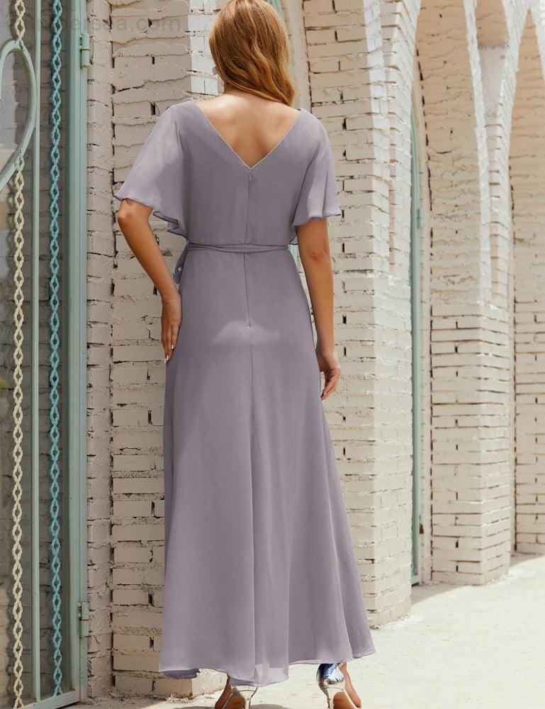 Vestido de dama de honra decote em V longo com cinto para 28022