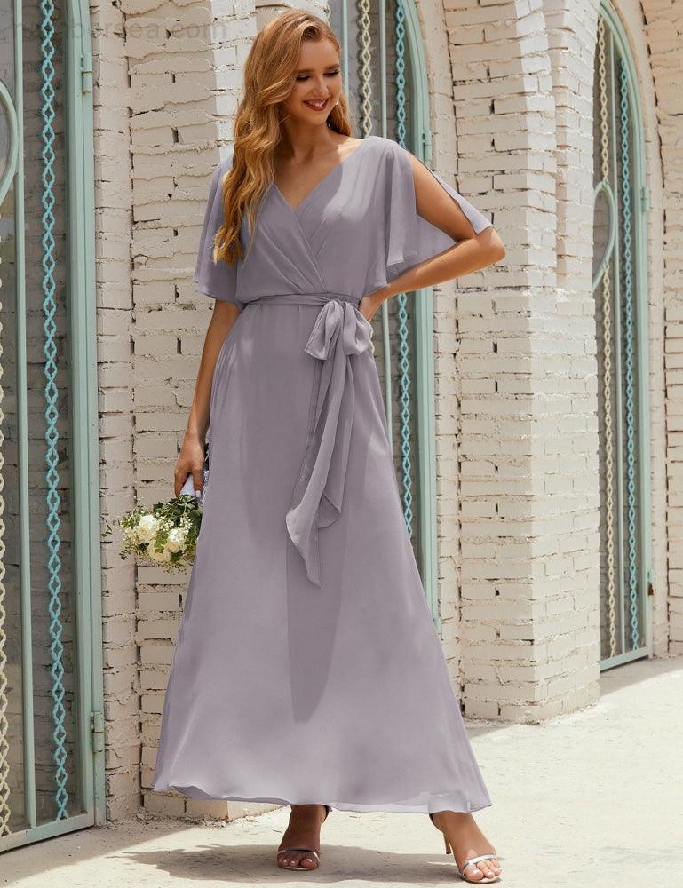 Vestido de dama de honra decote em V longo com cinto para 28022