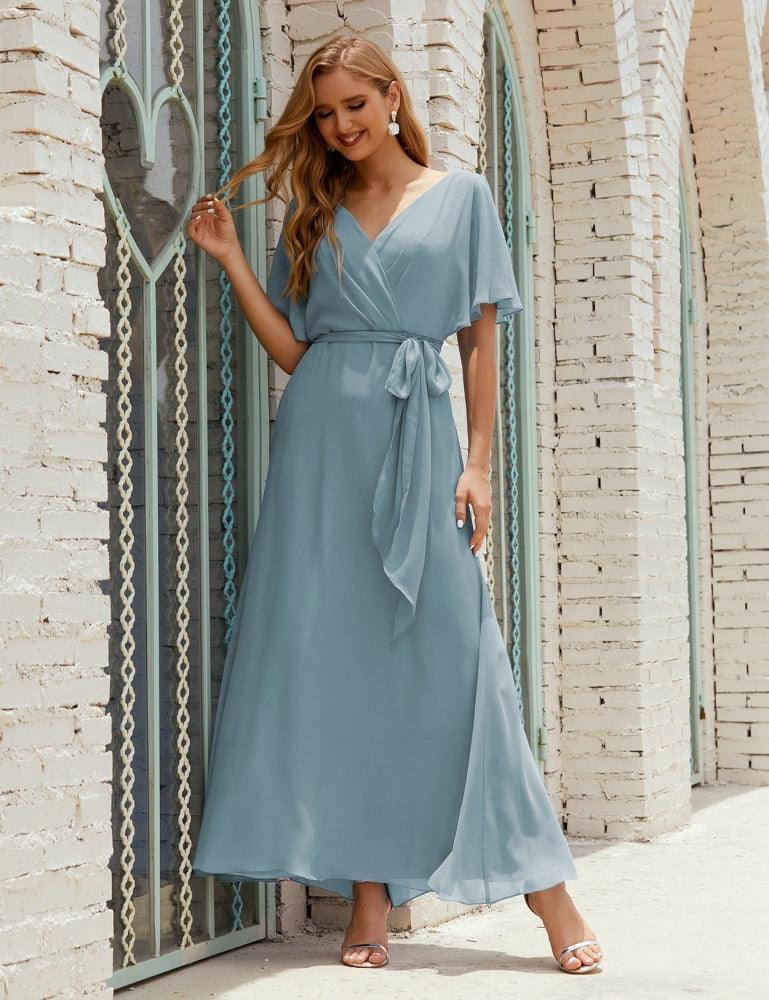 Vestido de dama de honra decote em V longo com cinto para 28022