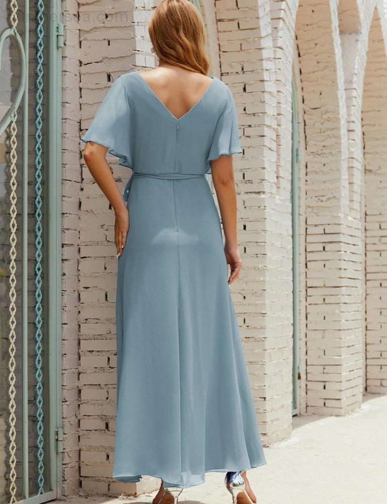Vestido de dama de honra decote em V longo com cinto para 28022