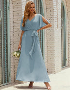 Vestido de dama de honra decote em V longo com cinto para 28022