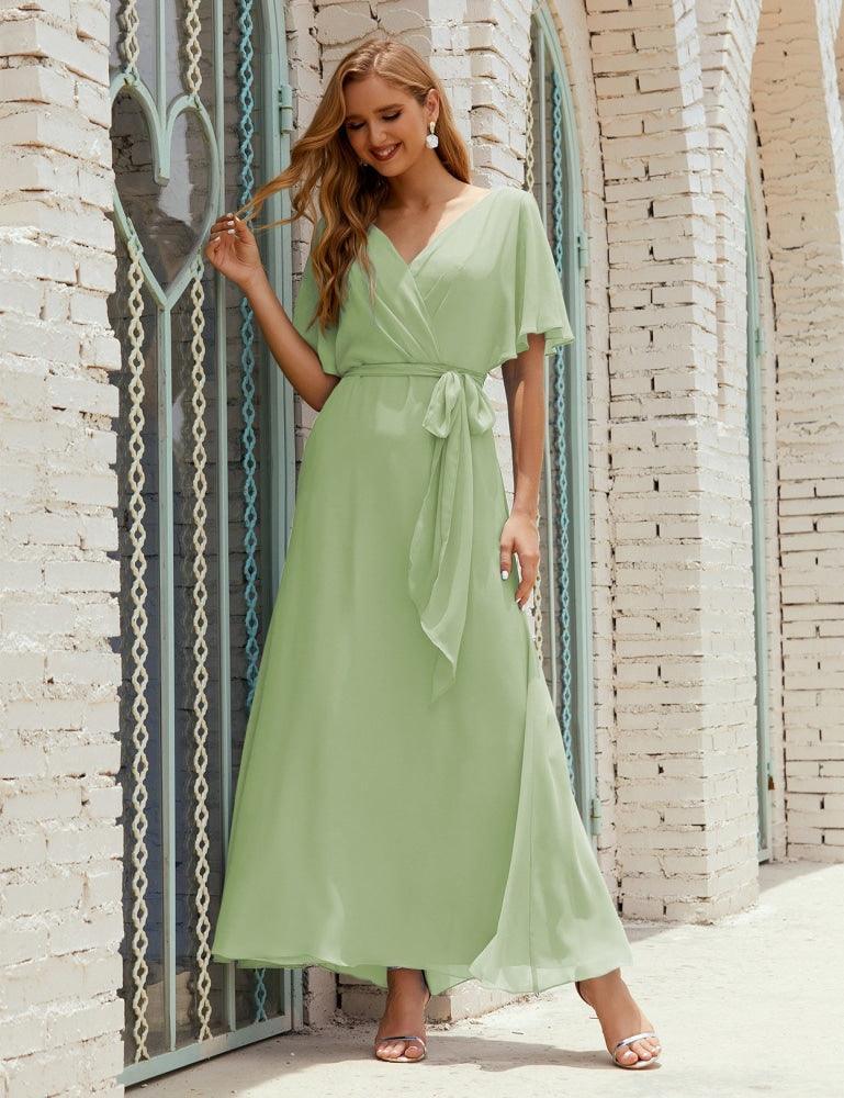 Vestido de dama de honra decote em V longo com cinto para 28022