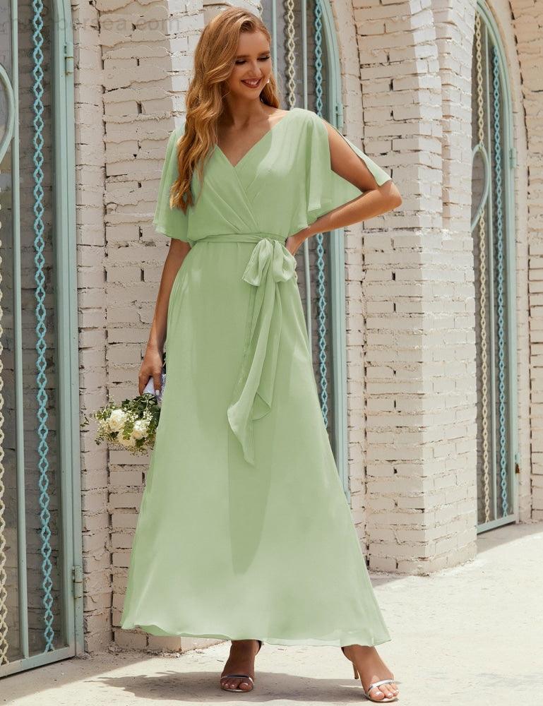Vestido de dama de honra decote em V longo com cinto para 28022