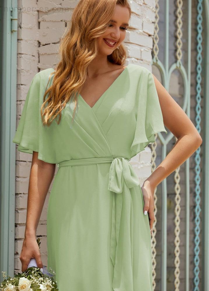 Vestido de dama de honra decote em V longo com cinto para 28022