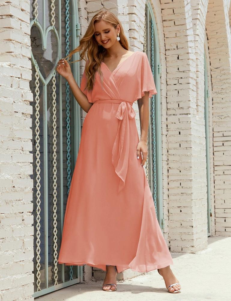 Vestido de dama de honra decote em V longo com cinto para 28022