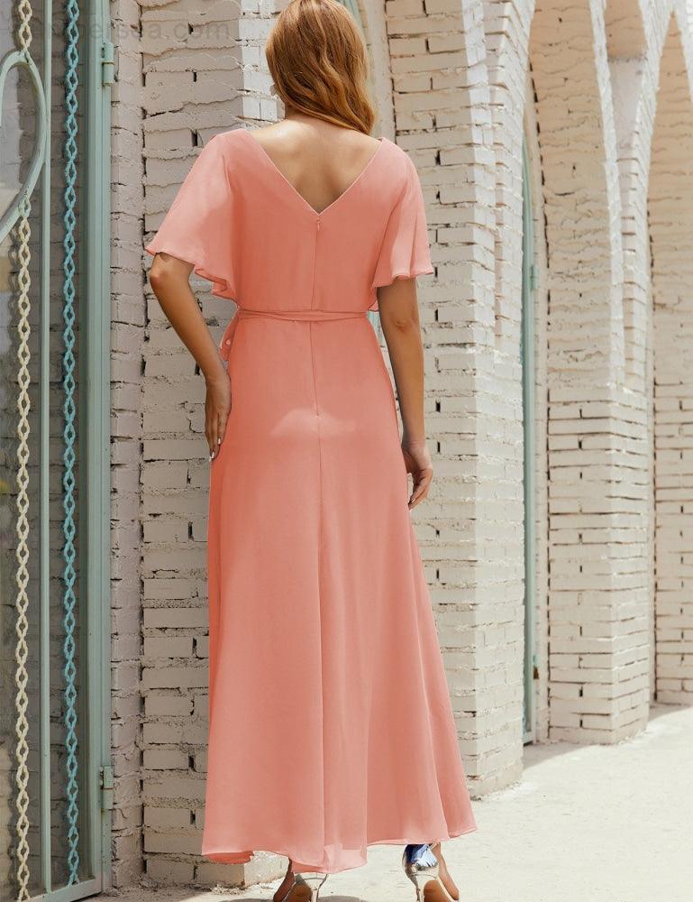 Vestido de dama de honra decote em V longo com cinto para 28022