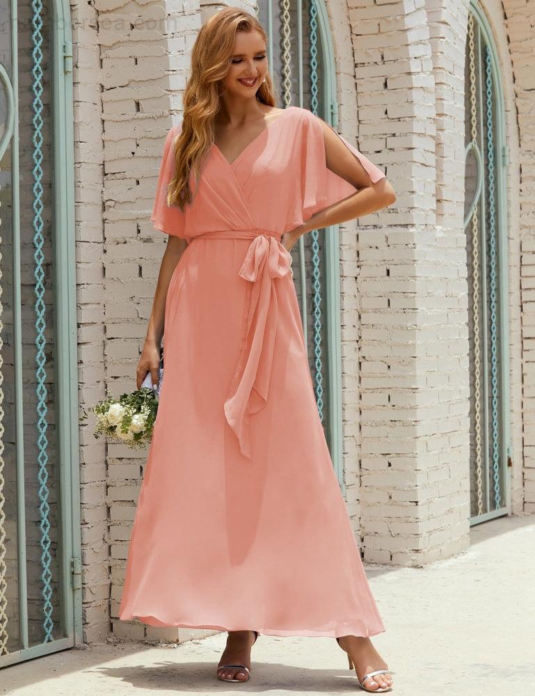 Vestido de dama de honra decote em V longo com cinto para 28022