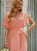 Vestido de dama de honra decote em V longo com cinto para 28022