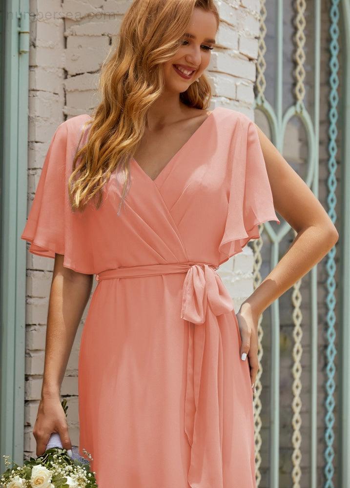 Vestido de dama de honra decote em V longo com cinto para 28022