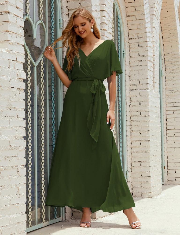 Vestido de dama de honra decote em V longo com cinto para 28022