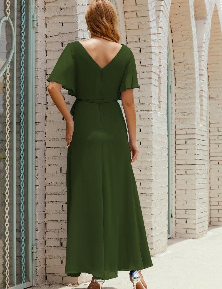 Vestido de dama de honra decote em V longo com cinto para 28022