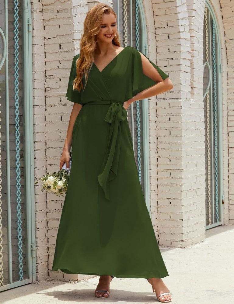 Vestido de dama de honra decote em V longo com cinto para 28022