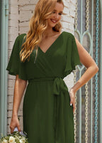 Vestido de dama de honra decote em V longo com cinto para 28022