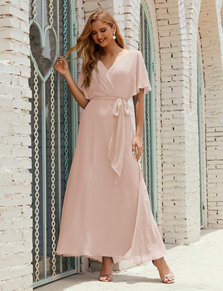 Vestido de dama de honra decote em V longo com cinto para 28022