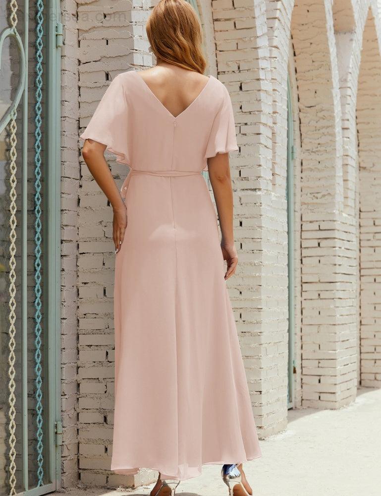Vestido de dama de honra decote em V longo com cinto para 28022