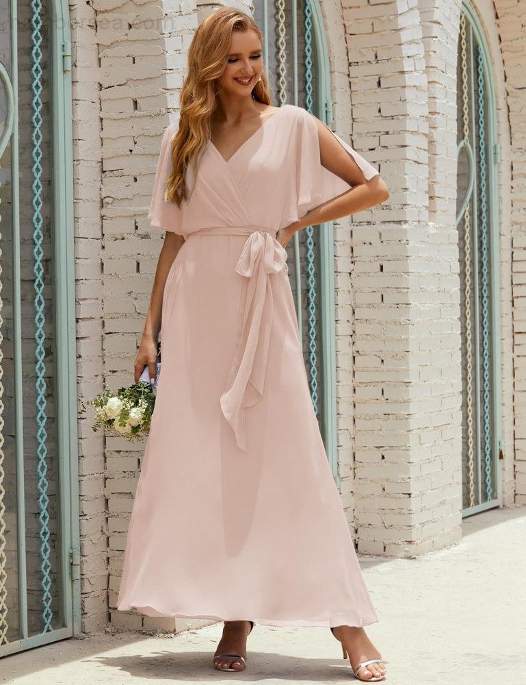 Vestido de dama de honra decote em V longo com cinto para 28022