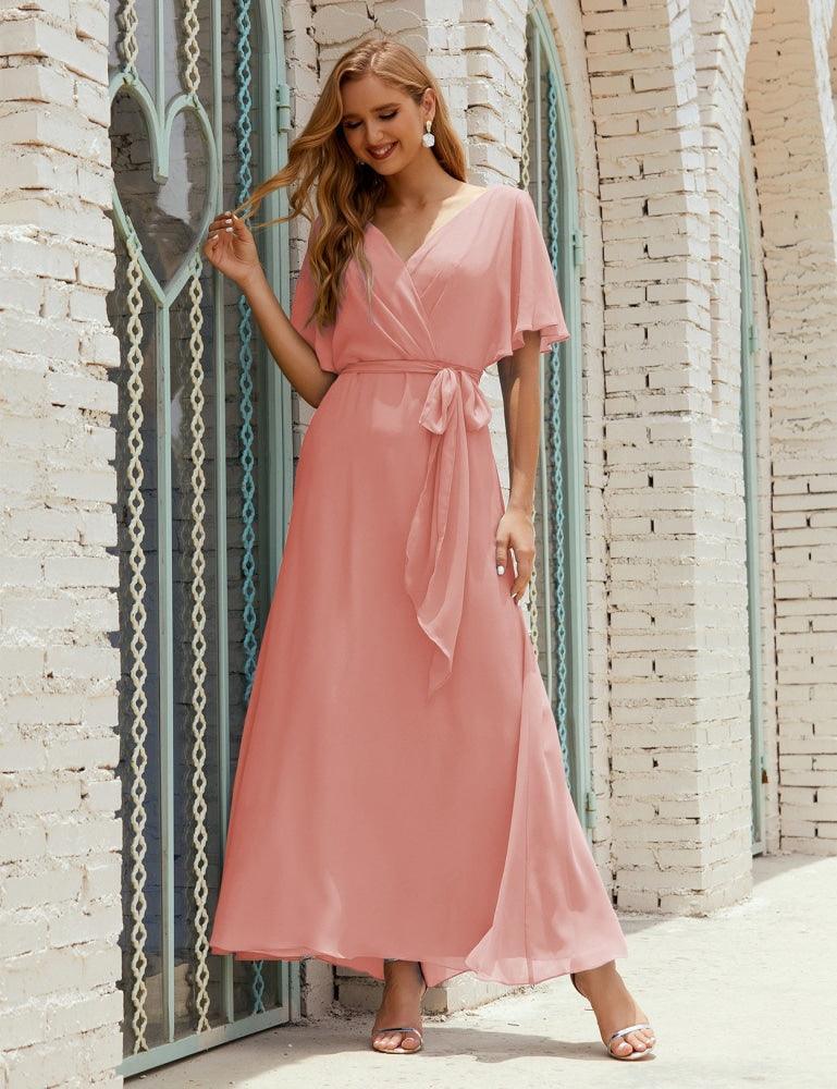 Vestido de dama de honra decote em V longo com cinto para 28022