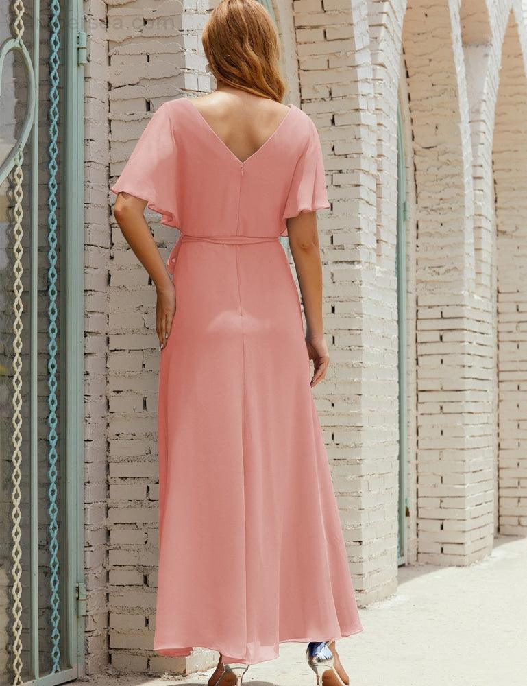 Vestido de dama de honra decote em V longo com cinto para 28022