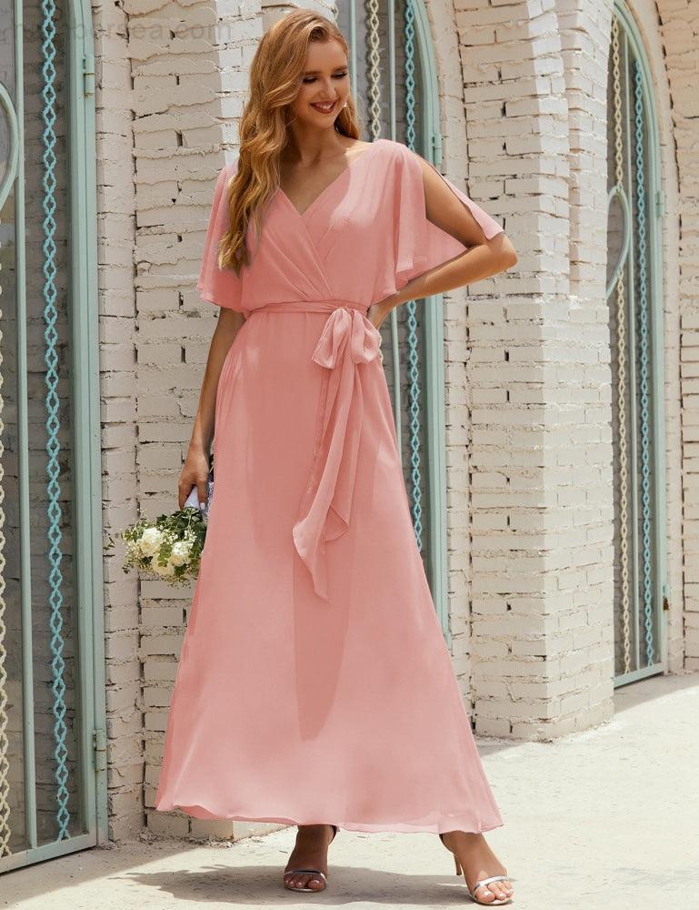 Vestido de dama de honra decote em V longo com cinto para 28022