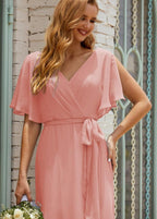 Vestido de dama de honra decote em V longo com cinto para 28022