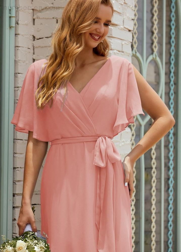 Vestido de dama de honra decote em V longo com cinto para 28022
