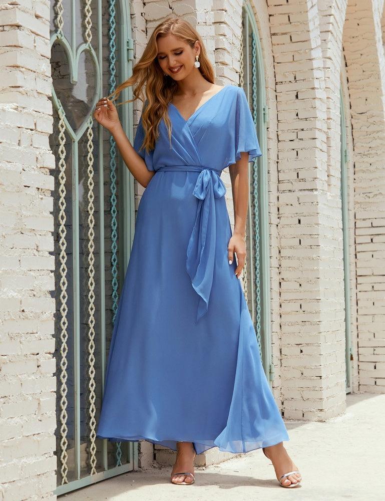 Vestido de dama de honra decote em V longo com cinto para 28022