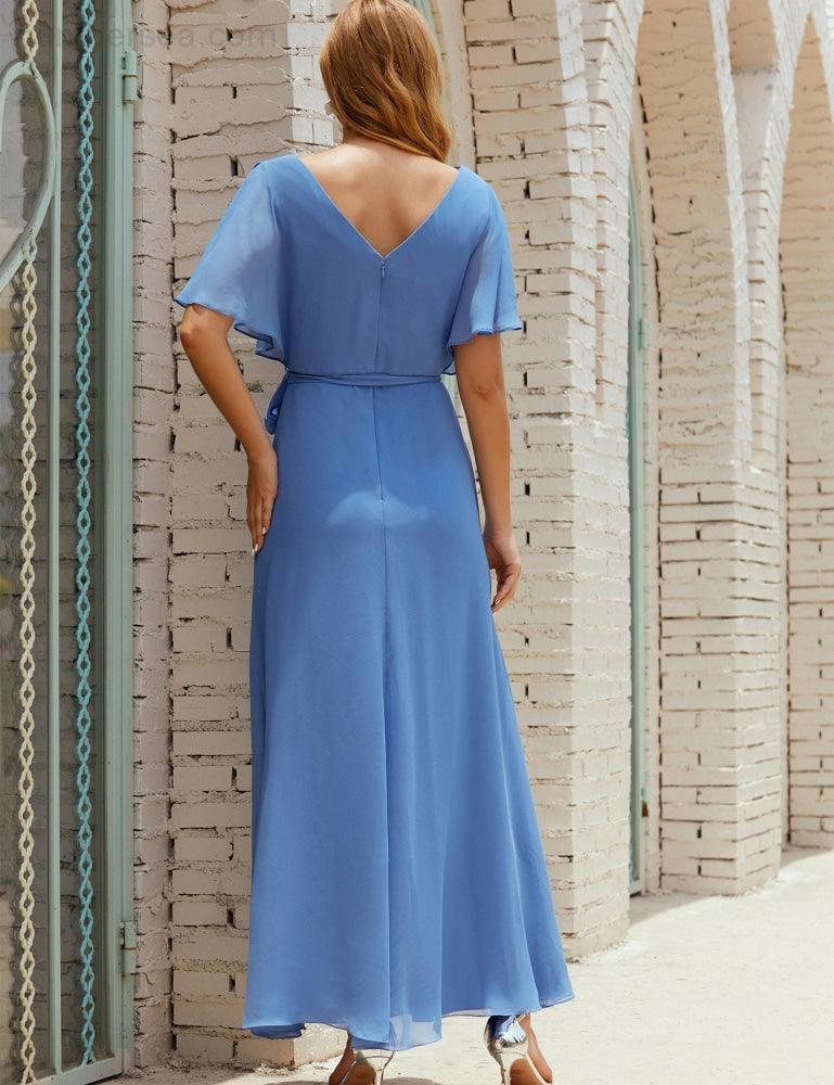 Vestido de dama de honra decote em V longo com cinto para 28022